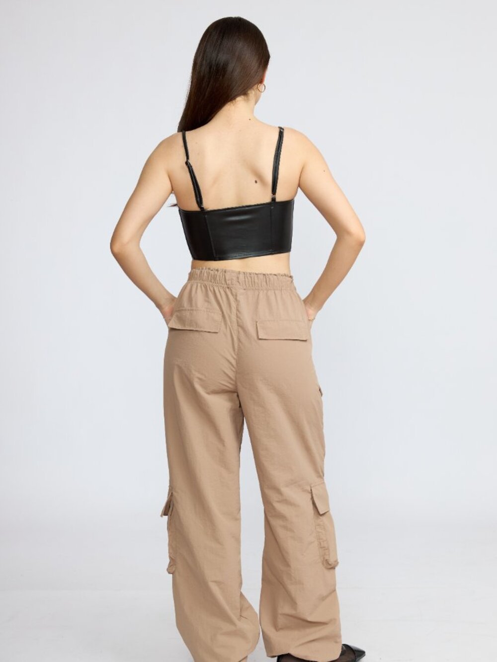 Women's Lightweight Nylon Cargo Pants, Wide Leg Drawstring Utility Pants - Picture 7 of 7